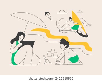 Summer beach activities abstract concept vector illustration. Beach club activities, family vacation, volleyball, jet ski rental, surfing and diving classes, lounge service abstract metaphor.