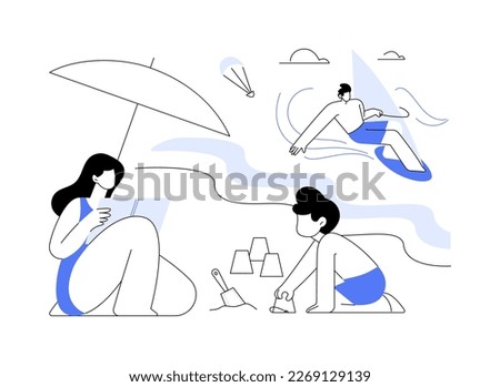 Summer beach activities abstract concept vector illustration. Beach club activities, family vacation, volleyball, jet ski rental, surfing and diving classes, lounge service abstract metaphor.