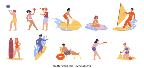 Summer beach activities, characters surfing and play volleyball. Windsurfing and sunbath time, teen girl in swimwear builds sand castle, snugly vector set