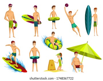 Summer beach activities. Collection of people no