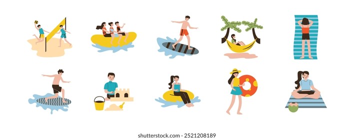 Summer Beach Activities flat illustration set. Include of people, men, women and children rest in the summer on a tropical beach on vacation. Vector illustration isolated.