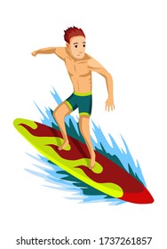 Summer beach activities. Guy rides on a surfboard