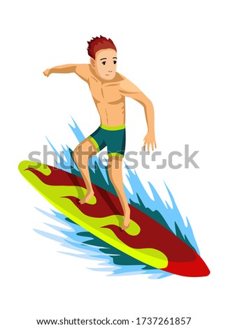 Summer beach activities. Guy rides on a surfboard
