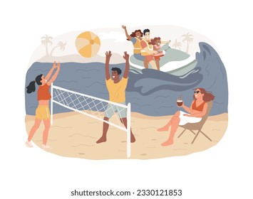 Summer beach activities isolated concept vector illustration. Beach club activities, family vacation, volleyball, jet ski rental, surfing and diving classes, lounge service vector concept.