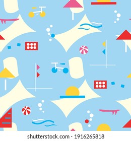 Summer beach activities on a blue background. Seamless pattern.