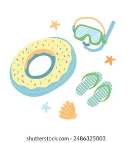 Summer beach activities set. Flip flops, swimming ring, swimming mask. Vector illustration.