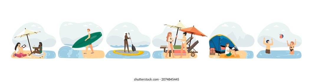 Summer beach activities set. People reading, sunbathing, SUP surfing, taking rest with tent, vector. Travel, vacation.