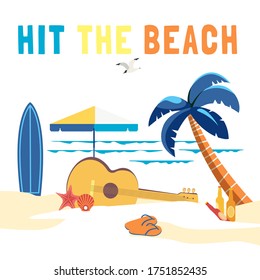 Summer beach activity background flat vector. Leisure rest design element collection. Seaside enjoy time for adventure cute cartoon sign illustration. Beach sport fun leisure activity poster template