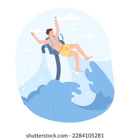 Summer beach activity. Character in a swim shorts flying with water jetpack in the sea or ocean. Extreme water sports and recreation. Flat vector illustration