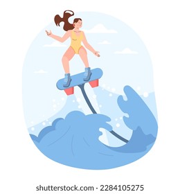 Summer beach activity. Character in a swimsuit flyboarding in the sea or ocean. Extreme water sports and recreation. Flat vector illustration