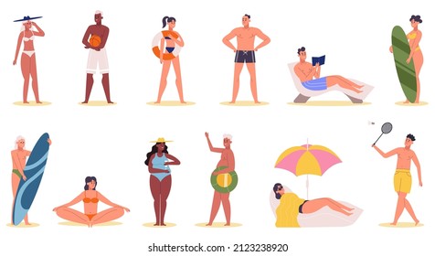 Summer beach activity characters, people sunbathing and swimming. Vacation beach activities, extreme water sports or reading vector illustration set. Beach people with surfing board, badminton