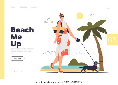 Summer beach activity concept of landing page with woman walking with dog on leash over palm trees background. Cartoon female character going to coast with dachshund. Flat vector illustration