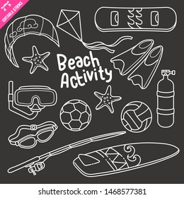 Summer beach activity hand drawn vector doodle illustration over chalkboard isolated on black background. Vector doodle illustration with editable stroke/outline