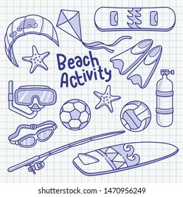 Summer beach activity hand drawn vector doodle illustration in blue ballpoint sketch style..  fishing rod, diving equipment and surfing activity are included.