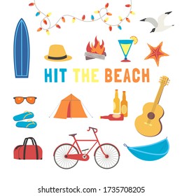 Summer beach activity icon set flat vector. Camp leisure rest design element collection. Seaside enjoy background. Time for adventure cute cartoon sign illustration. Beach sport fun leisure activity