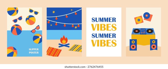 Summer Beach Activity Poster Set with Bonfire Beach Ball Van and Summer Vibes Typography Modern Vacation Design Collection