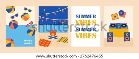 Summer Beach Activity Poster Set with Bonfire Beach Ball Van and Summer Vibes Typography Modern Vacation Design Collection
