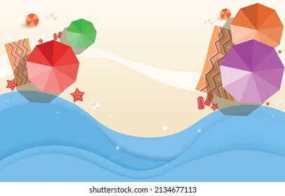 Summer beach aerial view, sea vector from top view, free space for design, decorated with umbrellas, mats and starfish.