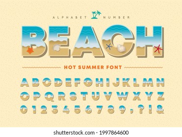 Summer beach alphabet and number set. Seashore landscape font or typography. Starfish and seashells flat design. Tropical summer typeface for poster, invitation, greeting card, postcard, travel, etc.