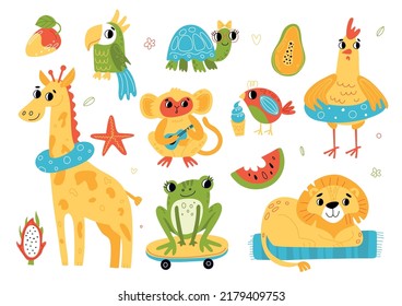 Summer beach animals. Funny characters sunbathing process, relaxing fauna on vacations, turtle, parrot and lion on seashore, frog on skateboard, bright colorful travel swanky vector set