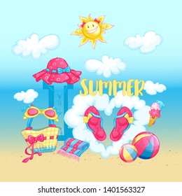 Summer beach arrangement with beach accessories: panama, sunglasses, beach bag, inflatable ball, lettering and a cloudy heart. Against the background of the sea, clouds and sun.