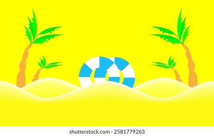 A summer and beach atmosphere image with a bright yellow background that conveys heat and vitality. In the center of the image, there is a white and blue inner tube lying on the soft wavy sand.