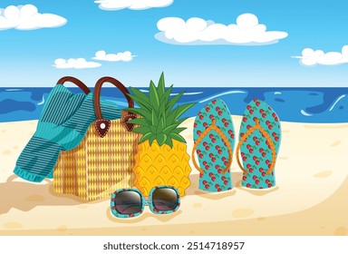 Summer Beach Backdrop with Flipflops, Pineapple, Sunglasses, Bag with Towel - Colorful Composition 