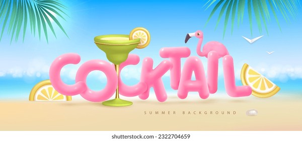 Sommerstrand mit 3D-Buchstaben und Margarita-Cocktail. Farbige Sommerszene. Vektorgrafik