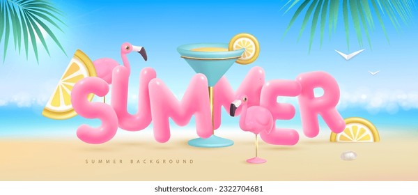 Fondo de playa de verano con letras 3d y laguna azul de cóctel. Colorida escena veraniega. Ilustración del vector