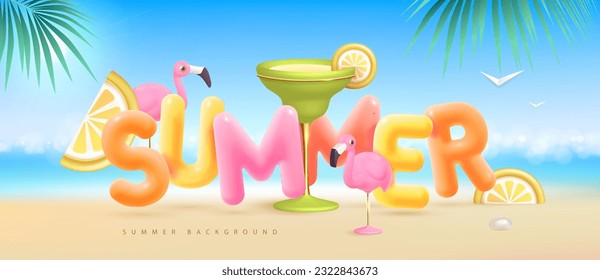 Summer beach background with 3d letters and margarita cocktail. Colorful summer scene. Vector illustration