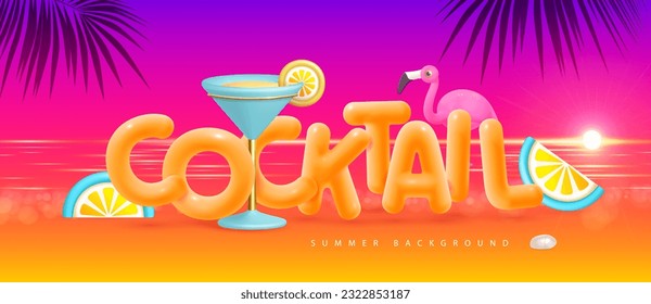 Summer beach background with 3d letters, flamingo and cocktail blue lagoon. Colorful summer scene. Vector illustration