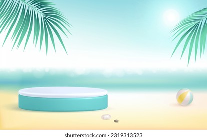 Summer beach background with 3d stage and palm trees. Colorful summer scene. Vector illustration