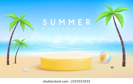 Summer beach background with 3d stage and palm trees. Colorful summer scene. Vector illustration