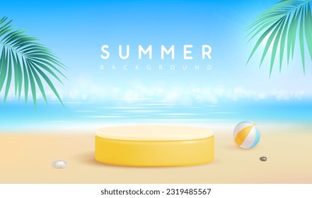 El fondo de la playa de verano, con un escenario 3d y palmeras. Colorida escena veraniega. Ilustración del vector