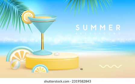 Summer beach background with 3d stage and cocktail blue lagoon. Colorful summer scene. Vector illustration