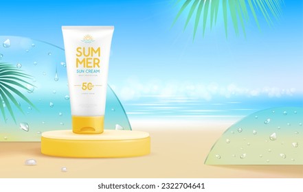 Fondo de playa de verano con estadio 3d y crema de protección solar. Colorida escena veraniega. Ilustración del vector