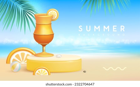 Summer beach background with 3d stage and tequila sunrise cocktail. Colorful summer scene. Vector illustration