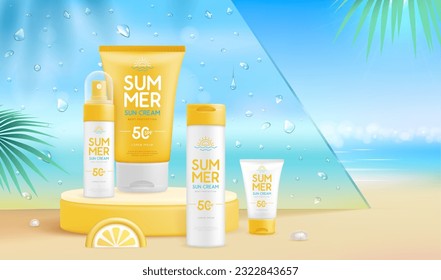 Summer beach background with 3d stage and set of sunscreen creams. Colorful summer scene. Vector illustration
