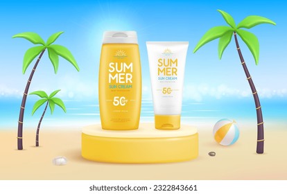 El fondo de la playa de verano, con un escenario 3d y un juego de pantallas de sol. Colorida escena veraniega. Ilustración del vector