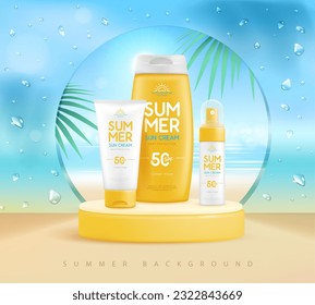 Summer beach background with 3d stage and set of sunscreen creams. Colorful summer scene. Vector illustration