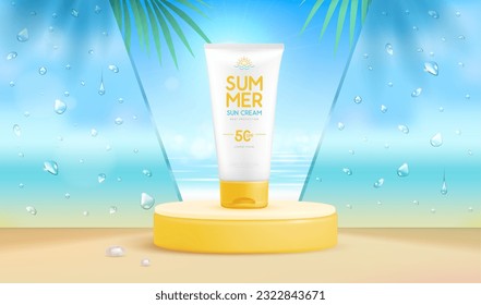 Fondo de playa de verano con estadio 3d y crema de protección solar. Colorida escena veraniega. Ilustración del vector