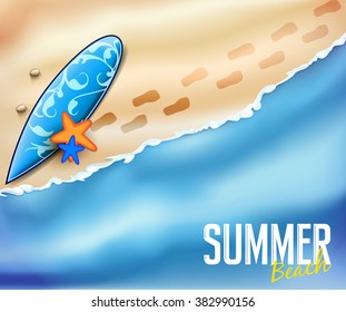 Summer Beach Background for Adventures with Space for Text and Surf Board. Vector Illustration
