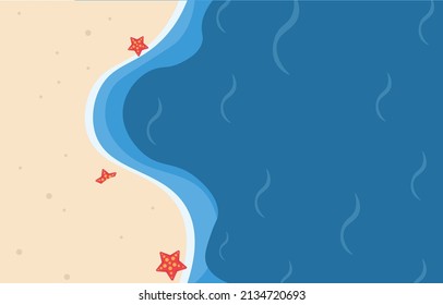 Summer beach background aerial view, sea vector from top view, free space for design, decorated with starfish.