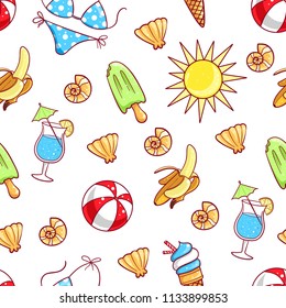 Summer beach background. Beach area or holiday resort, ocean and sea watercolor design, tourism or leisure bright decoration. Summer cute vector illustration