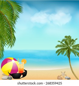 Summer Beach Background with Ball Drink and Sunglasses and Palm Tree