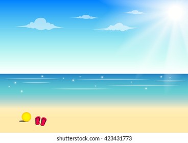 Summer beach background with ball and sandal ,vector illustration
