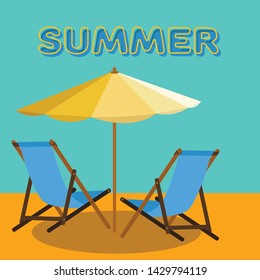 Summer Beach Background banner, Day Time Empty Landscape, beach umbrella, sun shadow, Sandy Shore Flyer Cartoon Flat Illustration, with summer text 