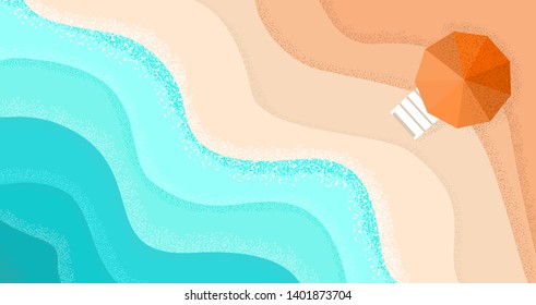  Summer Beach background with blue  sea wave and yellow sand and orange umbrella.Holiday relax concep top view