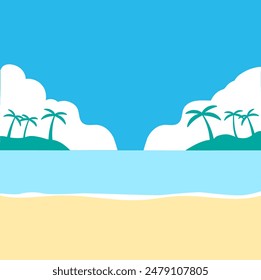 summer beach background with blue sky, calm sea and island palm tree