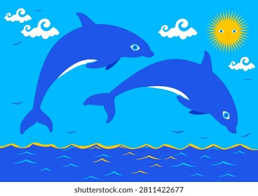 Summer beach background with blue sky and happy dolphins swim in the sea and jumping playfully out of the blue water. Sun, clouds and sea with waves. Vector illustration.